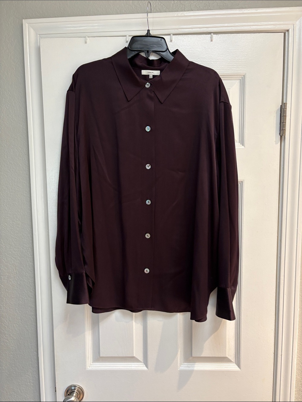 VINCE Silk Long-Sleeve Button-Up Shirt — Dark Plum